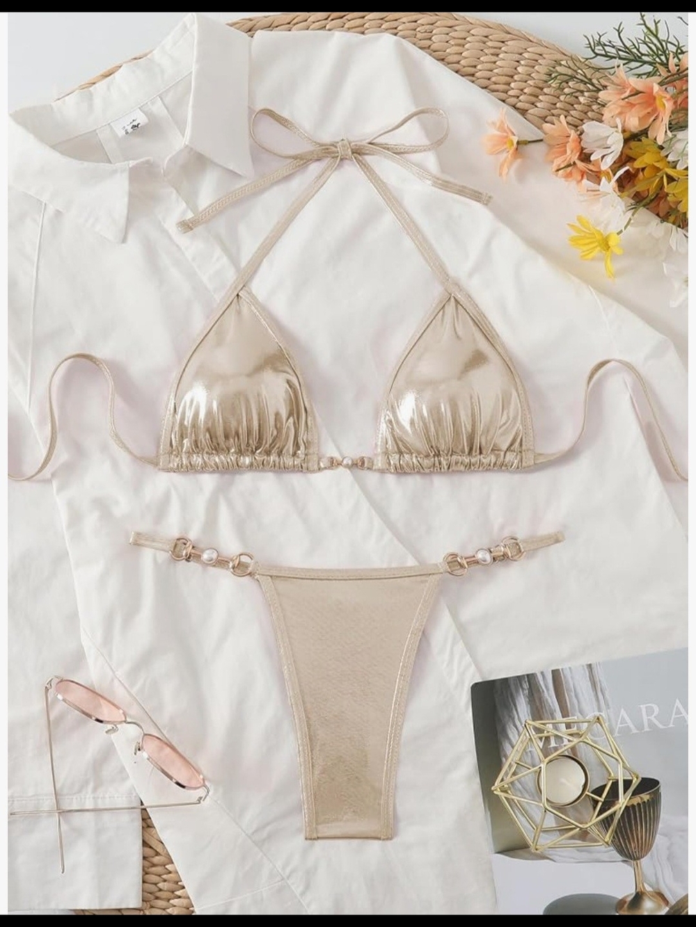 Metallic Gold Triangle Brazilian  String Bikini Set